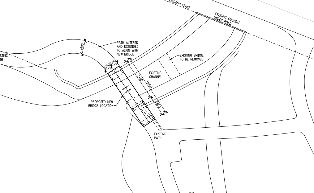 Black and white drawing showing new bridge location