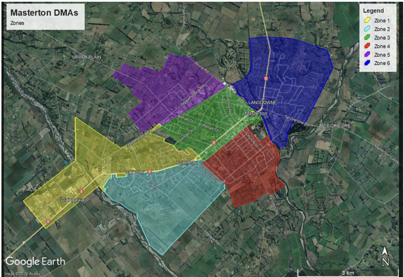 Aerial map of Masterton with colourful overlays showing work areas